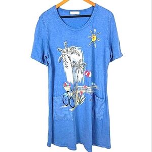 Jess & Jane Casual Blue Beach Washed Pockets Tee Shirt Dress Soft Comfy Vacation